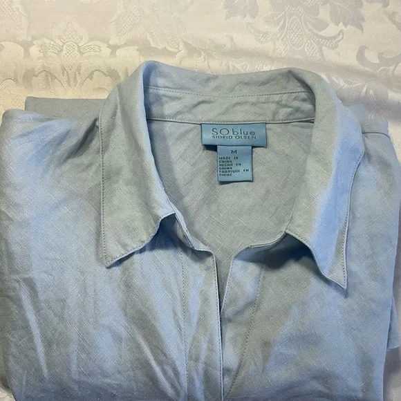 Sigrid Olsen 100% Linen Blouse Size Medium 3/4 Sleeves Collared Popover Blue - Picture 2 of 9